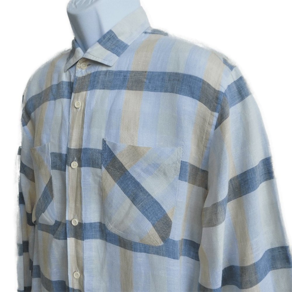 LiNeN Billy Reid Button Standard Cut Plaid Ivory Yellow Blue Chest Pockets XL